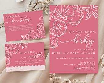 Zestaw zaproszeń na baby shower „Różowe morze, wkrótce”, motyw koralowej muszli, edytowalny zestaw zaproszeń na lato w stylu nadmorskim, neutralny pod względem płci