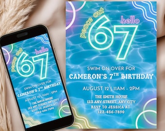 Six Seven Birthday Invitation, 67 Birthday Neon Pool Party, 7th Birthday Invitation, Trendy 7th Birthday, Six Seven Meme Trend