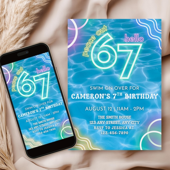 Six Seven Birthday Invitation, 67 Birthday Neon Pool Party, 7th Birthday Invitation, Trendy 7th Birthday, Six Seven Meme Trend