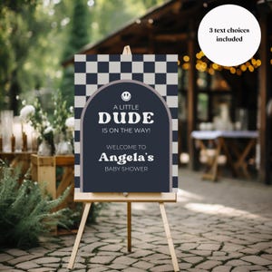 Welkomstbordje A Little Dude Is On The Way, bewerkbaar bord babyshower, digitale download, smileyontwerp, retro welkomstbord babyshower