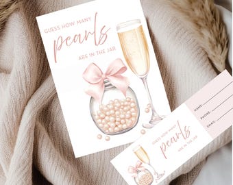 Różowa Perła i Prosecco Gra na Wieczór Panieński, Edytowalny Szablon Canva Aktywność, Zabawny Dekor Prysznicowy, Zgadnij, Ile Pereł Jest w Słoiku