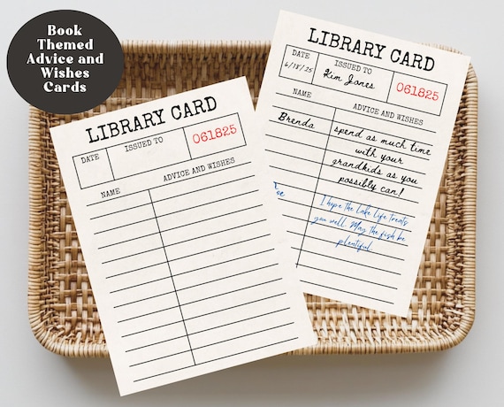 Library Card Advice and Wishes, Storybook Baby Shower, Book Bridal Shower, Starting the Next Chapter Retirement, Printable Party Ideas