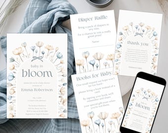 May include: A baby shower invitation with a watercolor floral design in shades of blue and beige. The invitation reads "Baby in Bloom" and includes the name "Emma Robertson".