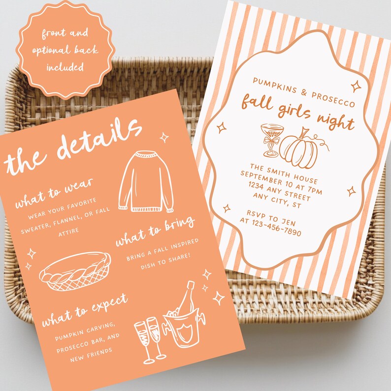 Puede incluir: Invitaciones a fiestas de oto&ntilde;o naranjas con texto e ilustraciones en blanco. Una tarjeta dice "fall girls night" con detalles del evento. La otra tarjeta enumera "los detalles" con qu&eacute; ponerse, qu&eacute; traer y qu&eacute; esperar. Ambas tarjetas est&aacute;n en una cesta tejida.
