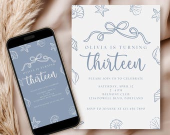 Coquette Seashell Invitation, Editable Beach Birthday Template, Digital Party Invite, Nautical Aesthetic Design, Coastal Birthday Decor