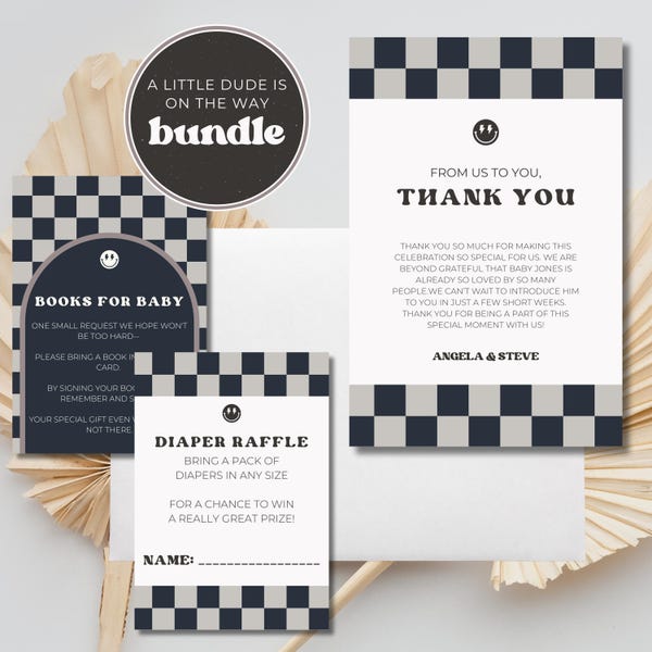 A Little Dude Is On The Way Invitation Bundle, Editable Baby Shower Invite, Digital Download, Smiley Face Design, Retro Baby Shower Theme