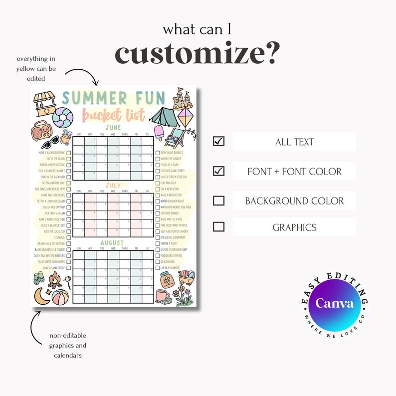 Fun Checkboxes Summer Bucket List Poster Editable, Printable Family Planner, Summer ...