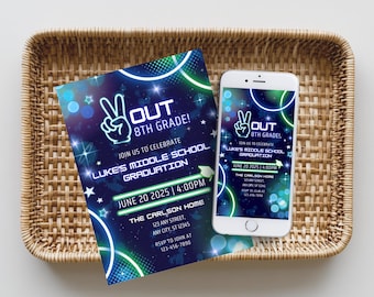 Blue Neon Peace Out 8th Grade Party Invitation, Editable Graduation Invite, Printable Farewell, Instant Download, Middle School Grad