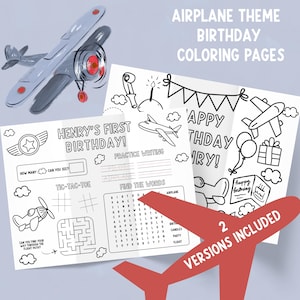 Flugzeug Geburtstag Malvorlage, druckbare Kinder Aktivität, Spaß Party Dekor, Flugzeug Thema Färbung Tischset, die Zeit vergeht Gastgeschenk