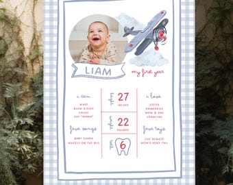 Airplane First Birthday My First Year Sign, Blue Gingham Theme, Editable Milestone Poster, Blue Gingham 1st Birthday Boy, Time Flies