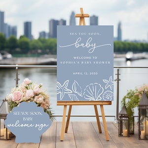 Placa de boas-vindas para chá de bebê "Sea You Soon", tema de chá de bebê com conchas, pôster de verão neutro com tema de conchas, tema de praia
