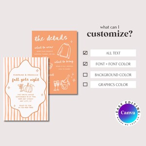 Puede incluir: Dos tarjetas de color melocot&oacute;n con texto e ilustraciones en blanco. Una tarjeta dice "Pumpkins & Prosecco fall girls night" con detalles del evento. La otra tarjeta dice "the details" con secciones "what to wear" y "what to bring". El logotipo de Canva est&aacute; en la esquina.