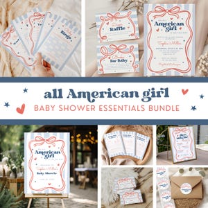 May include: A baby shower essentials bundle in red, white, and blue. The set includes invitations, game cards, raffle tickets, stickers, and a welcome sign. The design features bow accents and the text "All American Girl".