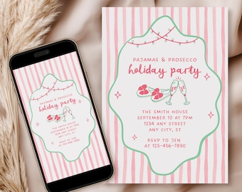 Invitación a una noche de chicas en Navidad, invitación a una fiesta navideña con doodle navideño, pijamas y prosecco, invitación digital a una fiesta de pijamas navideña.