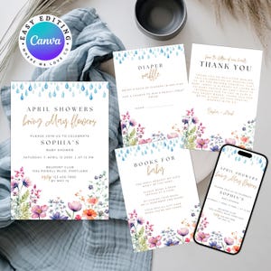 April Showers Bring May Flowers Baby Shower Invitation Bundle - Editable Templates - Instant Download - Spring Floral Design Baby Shower