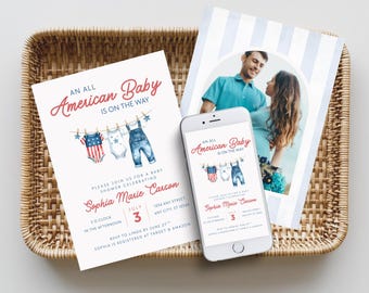 All American Baby Shower Invites, Editable 4th of July Invitation, Patriotic Printable Invite, Instant Download, Red White and Due