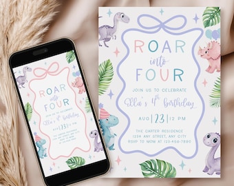 Girly dinosaurusuitnodiging, bewerkbare schattige dino-sjabloon, roze dinosaurusverjaardagsfeestje, dino-verjaardagsmeisje 4 jaar oud Instant Download Invite