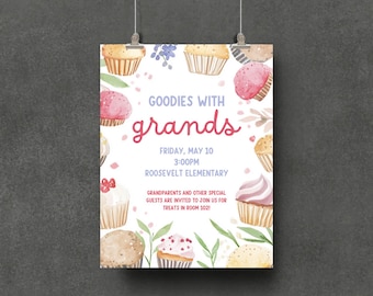 Modello di volantino per la festa dei nonni, invito modificabile per eventi scolastici, download digitale stampabile per divertimento in famiglia, volantino per la colazione dei nonni