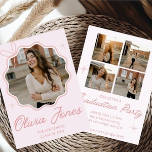Girly Pink Bow Graduation Invitation Template, Editable Grad Party Invite, Pink Coquette Bow, Senior Announcement Photo, Aesthetic Template