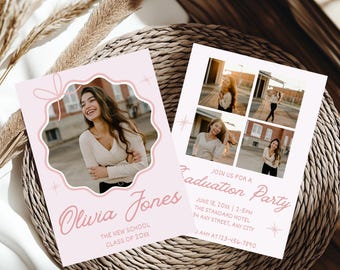 Girly Pink Bow Graduation Invitation Template, Editable Grad Party Invite, Pink Coquette Bow, Senior Announcement Photo, Aesthetic Template