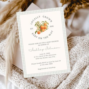 Sage Green Gingham Locally Grown Baby Shower Invitation, Vintage Farmers Market Baby Shower Decor, Locally Grown Invite and Games Bundle