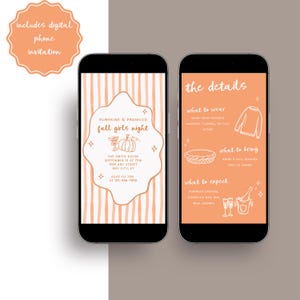 Puede incluir: Invitaci&oacute;n digital para una noche de chicas de oto&ntilde;o. La invitaci&oacute;n presenta una combinaci&oacute;n de colores melocot&oacute;n y blanco con el texto "Pumpkins & Prosecco fall girls night". Los detalles incluyen qu&eacute; ponerse, traer y esperar.