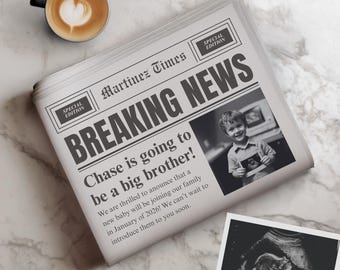 Pregnancy Announcement Newspaper Template, Big Brother Reveal, Editable Digital Announcement for Sibling, Breaking News Baby Announcement