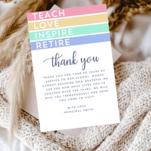 Carte de remerciement pour la retraite des enseignants - cadeau pour une enseignante à la retraite - téléchargement numérique - carte de remerciement pour la fête de la retraite colorée minimaliste