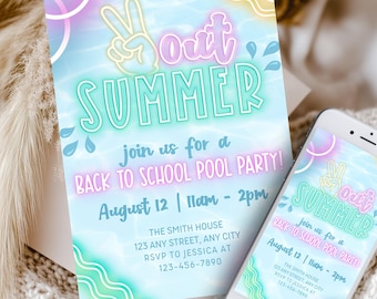Pastel Peace Out Summer Pool Party Invitation, End Of Summer Pool Party Invite for Girls, Editable Back to School, Goodbye Summer Evite
