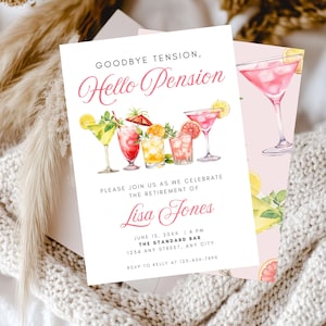 Faire-part de retraite, modèle modifiable, invitation à un cocktail de retraite, au revoir tension, bonjour, carte de retraite amusante