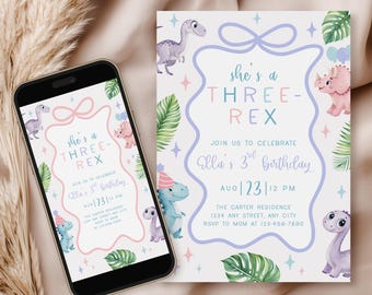 Girly Dinosaur Invitation, Three Rex Editable Template, Pink Dinosaur Birthday Party, Cute Dino Birthday Girl 3 years old She's a 3 Rex