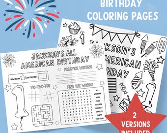 May include: Two black and white printable coloring pages for a child's first birthday. The pages feature an American theme with fireworks, a cake, a drum, and a number one balloon. The text on the pages reads "Jackson's All American Birthday".