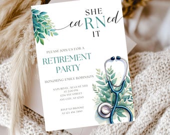 Nurse Retirement Invitation - She eaRNed it RN Retirement Announcement - RN Invite Template - Modern Eucalyptus Retirement Invite