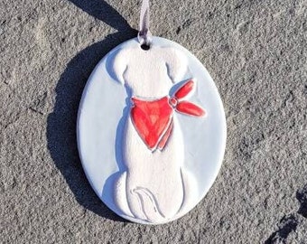 Dog Ornament | Ornament with Dog | Handmade Dog Ornament | Ceramic Dog Ornament | Dog Bandana | Gray
