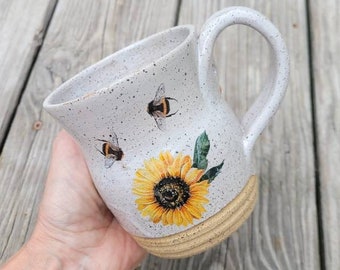 Sunflower Mug, Bee Mug, Handmade Mug | Sunflower | Bee | Bees | White Pottery | Ceramic Mug