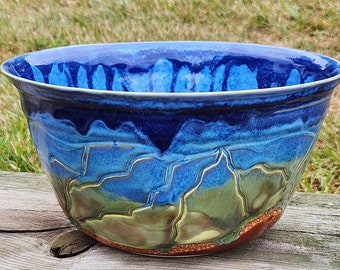Large Mixing Bowl | Serving Bowl | Mountain | Vintage | Kitchen | Salad Bowl | Rustic | Cabin | Ceramic | Blue Ridge