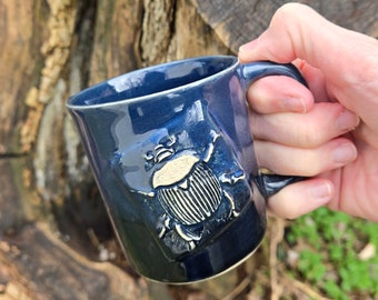 Mug, Small, 10 Ounce, Scarab, Beetle, Trilobite, Fossil, Handmade, Black, Egyptian