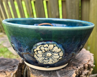 Handmade Berry Bowl, Pottery Colander, Ceramic Fruit Bowl, Zinnia, Flower, Floral