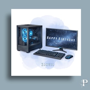Personalised Gamer Birthday Card, Gaming PC Setup Greeting, Computer Player Celebration Gift