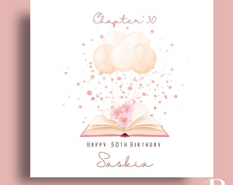 Personalised 30th Birthday Card: Pink Book & Balloons for Chapter 30