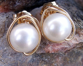 Pearl and gold wire wrapped stud earrings  wedding jewelry  bridesmaids gifts bridal jewelry, Mothers  Day