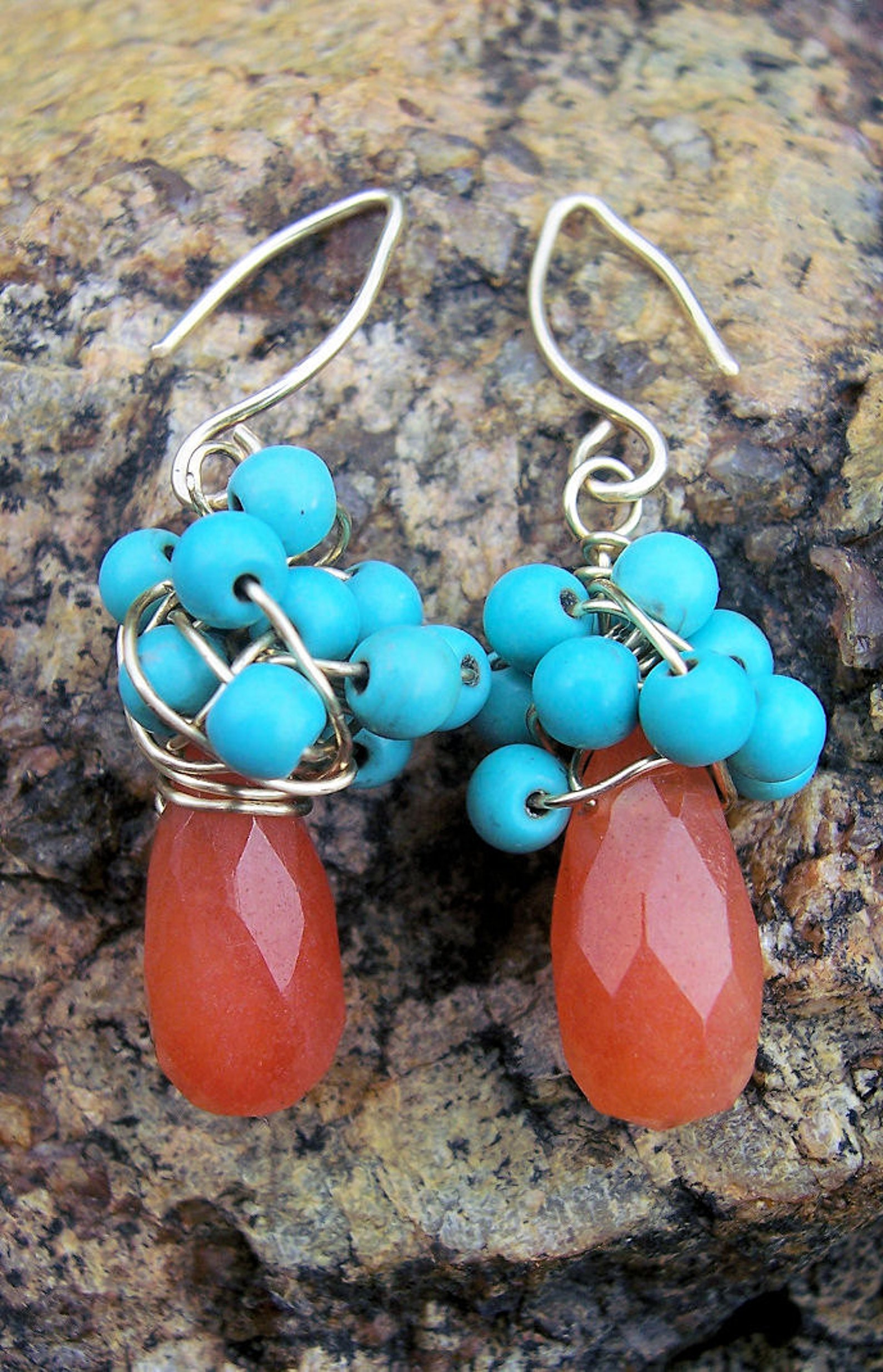 Turquoise and Orange Jade Gold Earrings Turquoise Earrings Etsy