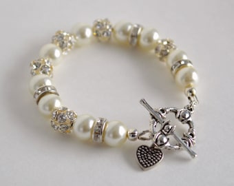 Huwelijksjuwelen, bloemenmeisje parel en strass armband, bloemenmeisje sieraden, bruiloft armband