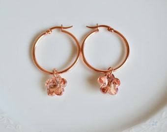 Rose gold and flower crystal hoop earrings, rose gold jewelry, gift for her, medium hoop earrings