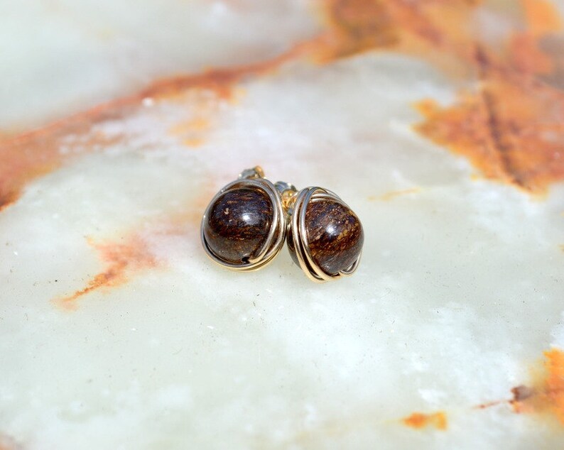 bronzite earrings gold post earrings Bronzite and gold wire wrapped stud earrings bronzite jewelry