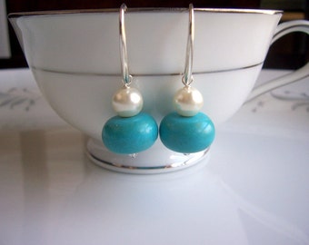 Turquoise and pearl dangle earrings, turquoise earrings, pearl earrings, pearl jewelry, turquoise jewelry