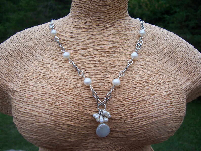 Pearl and sterling silver wire wrapped necklace, bridal jewelry, wedding jewelry, Mothers Day image 4
