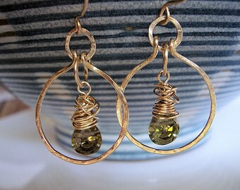 Green quartz and gold wire wrapped hoop earrings, gold hoop earrings