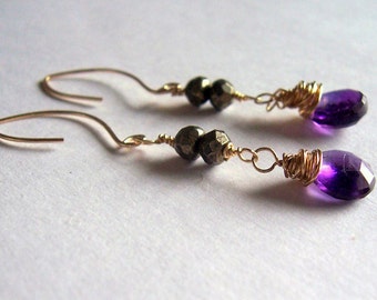 Amethyst and pyrite gold wire wrapped dangle earrings pyrite earrings amethyst earrings