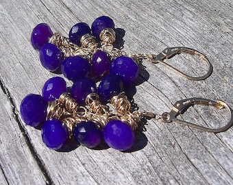 Purple chalcedony and gold wire wrapped cluster earrings, chalcedony earrings, chalcedony jewelry, genuine gemstone